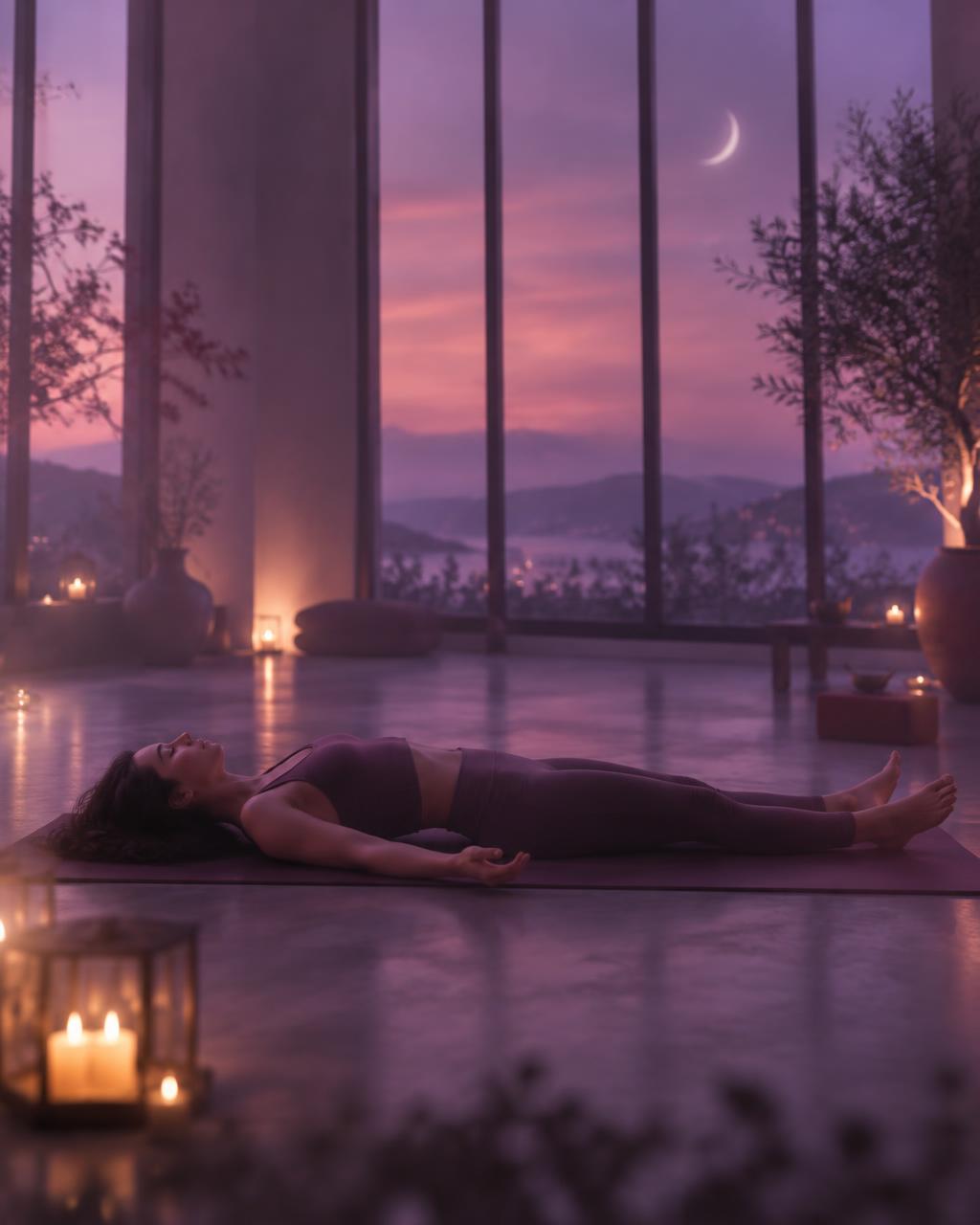 Woman resting in Yoga Nidra in a candlelit studio at dusk